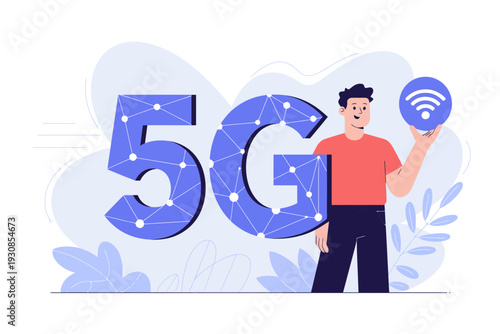 A man holding a 5G signal icon, representing the future of wireless technology and connectivity