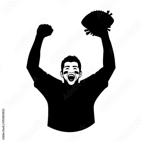Silhouette of a jubilant person with raised arms in a dynamic celebration pose.