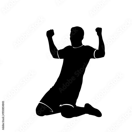 Silhouette of celebrating athlete kneeling with arms raised in triumph, dynamic fitness moment.