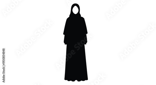A stark black silhouette of a woman in traditional dress silhouette