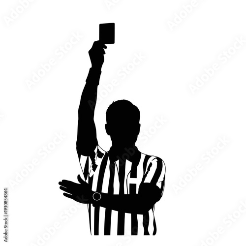 Silhouette of referee raising a card over an arm in a monochrome sports scene.