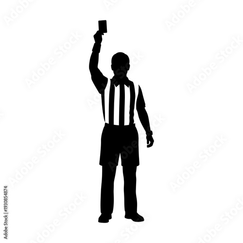 Silhouetted referee-like figure raising an arm in a striped jersey during a sports moment.