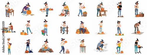 Halloween pumpkin carving and decoration vector set featuring people in witch hats preparing for the holiday festivities.