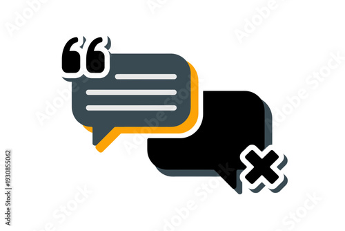 A vector graphic illustration of a speech bubble with a quote and a rejected or blocked speech bubble with an X.