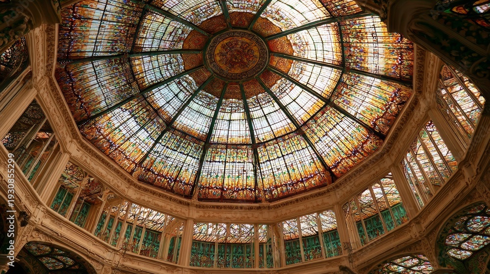 Obraz premium Valencia, Spain - stained glass window at The Silk Exchangeâ€™s Hall of Columns, October 2025. 