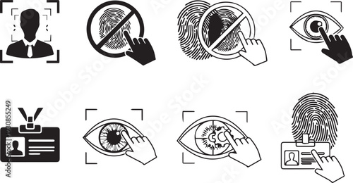 Biometric Identity Verification Icons: Face ID, Fingerprint and Eye Scan Security Set
