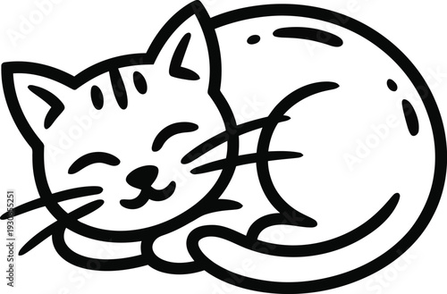 Contented small kitten sleeps curled up in a tight circle with closed eyes and striped markings.