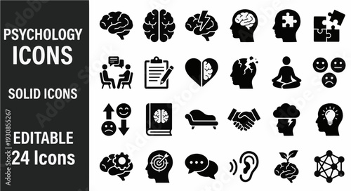 Psychology and mental health solid icon set featuring 24 editable vector icons for therapy counseling and brain science designs