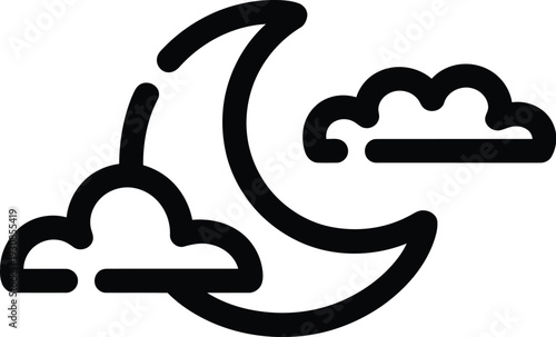 Simple black line art icon depicts a crescent moon partially obscured by two stylized clouds against a white background.