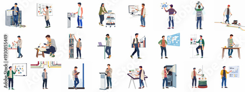 Diverse individuals performing various data analysis, IT infrastructure management, cloud computing, and technology-related tasks and operations in professional settings.