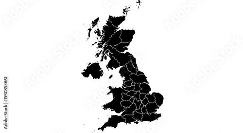 United Kingdom map with administrative divisions on isolated white background