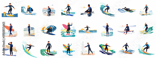 Collection of Diverse Surfers Riding Waves and Enjoying the Beach at Sunset: A Dynamic Vector Illustration Set for Water Sports and Summer Fun.