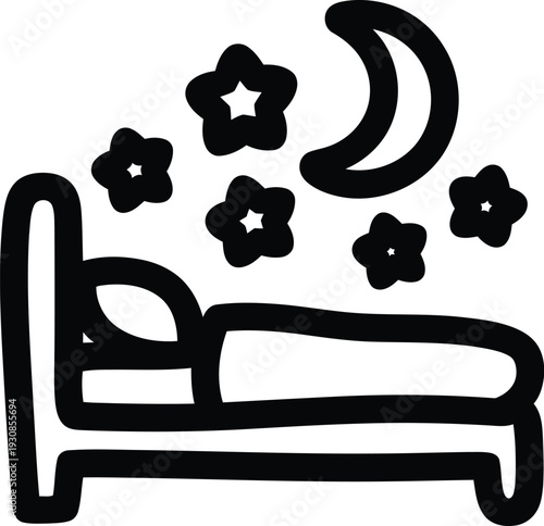 Simple line art icon illustrates a person sleeping soundly under covers with moon and stars visible.