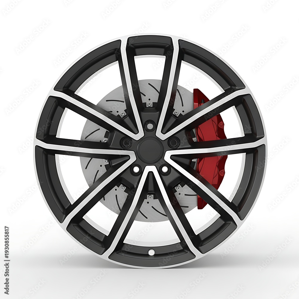 Obraz premium Modern black and silver alloy car wheel with red brake caliper