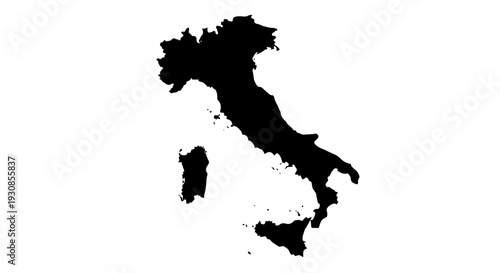 Italy Country Solid Black Map Silhouette with Administrative Regions, isolated white background
