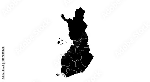 Finland Country Solid Black Map Silhouette with Administrative Divisions, isolated white background