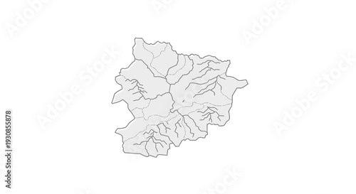 Andorra Map with Detailed River Network and Gray Fill on Isolated White Background