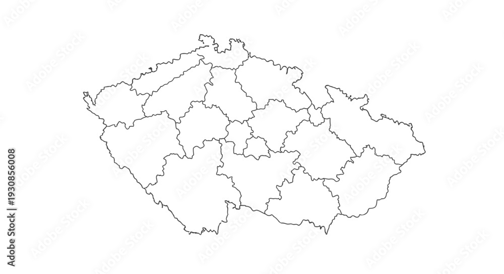 Fototapeta premium Czech Republic Outline Map with Administrative Regions on Isolated White Background