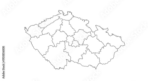 Czech Republic Outline Map with Administrative Regions on Isolated White Background