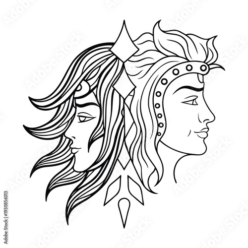 Elegant Shiva and Shakti Line Art Illustration - Divine Couple Portrait, Black and White Design for Spiritual and Cultural Projects