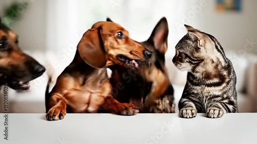 Dog Cat and Dachshund Sitting Together.