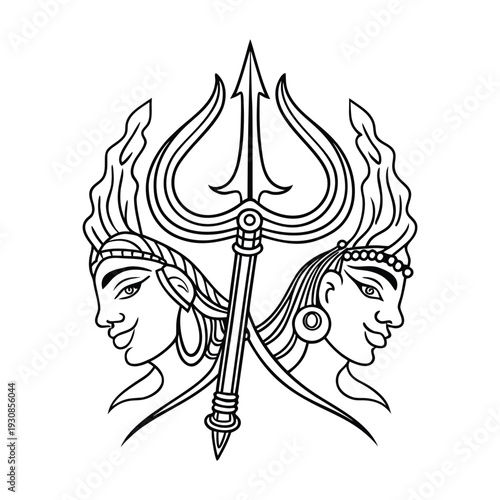 Intricate Shiva Line Art Illustration with Dual Faces and Trident Symbolism, Perfect for Spiritual Designs and Hindu Mythology Concepts