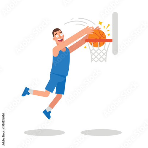 Basketball player performing a slam dunk with excitement.