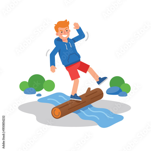 Boy Balancing on a Log Over Water.