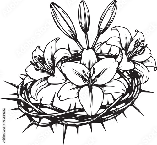 Religious Easter Illustration of Crown of Thorns with White Lilies and Buds