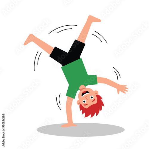 Boy doing a cartwheel on a white background.