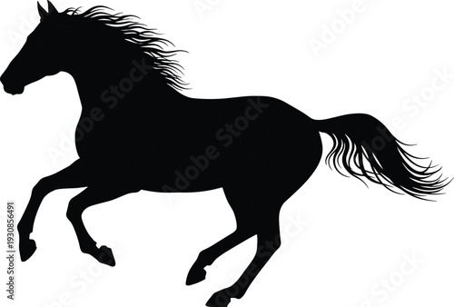 Black Horse Silhouette Galloping and Running Fast with Flowing Mane and Tail Isolated on White Background for Equestrian Sports Wildlife Nature and Stallion Graphics