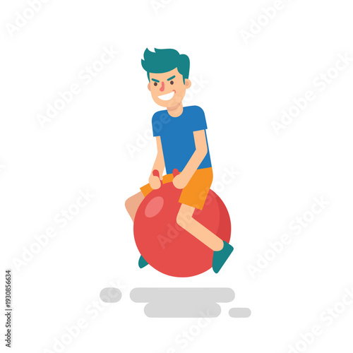Boy jumping on a red bouncy ball.