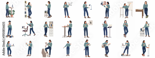 Modern Woman at Work: Flat design illustrations depicting a young professional engaging in various office tasks, demonstrating productivity, innovation, and adaptable work styles.
