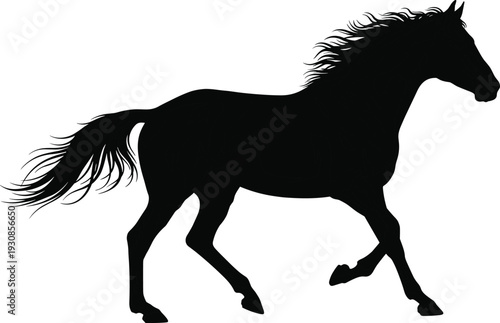 Black Horse Silhouette Running and Galloping Gallantly with Flowing Mane and Tail Isolated on White Background for Equestrian Sports and Wild Stallion Nature Graphics