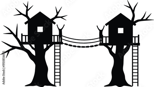 Black Treehouse Silhouette Vector Featuring Two Wooden Cabins Connected by Rope Bridge with Ladders and Bare Trees Isolated on White Background for Adventure Designs