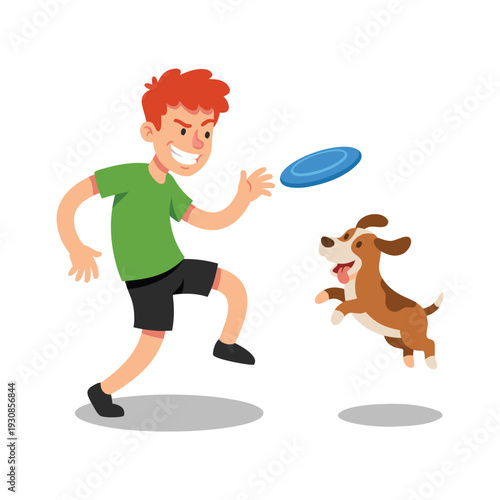 Boy Playing Frisbee with Dog.