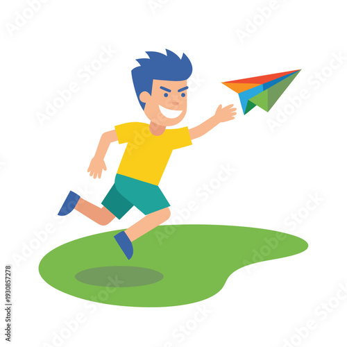 Boy throwing a rainbow paper airplane.