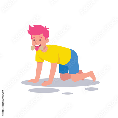 Boy with pink hair crawling on hands and knees with a bone in his mouth.