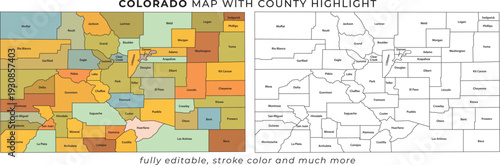 Colorado county map with highlighted areas vector illustration geography and planning tool
