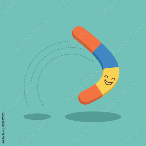 Cartoon Boomerang with Happy Face Flying.