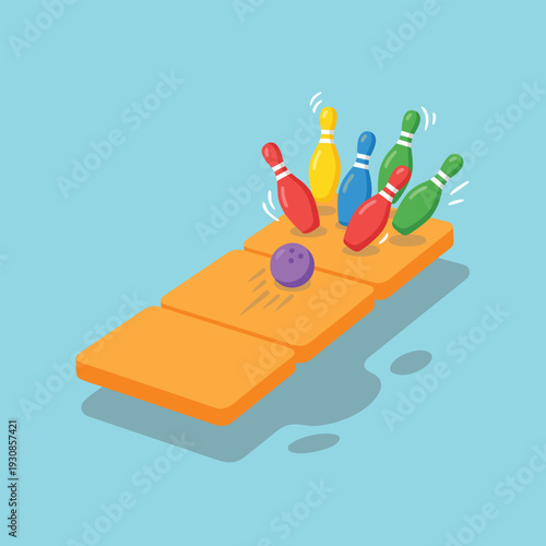 Cartoon bowling pins and ball on a lane.