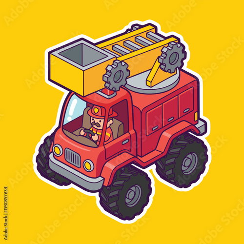 Cartoon Fire Truck with Firefighter Driver.
