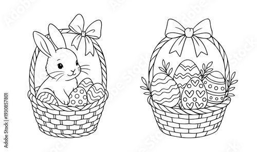Cute Easter bunny and decorated eggs in wicker baskets. Hand drawn black and white line art illustration for spring holiday designs.