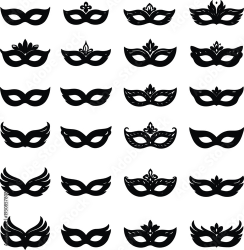 Collection of black masquerade masks with various designs and shapes in a grid pattern