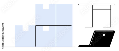 Logistics, ecommerce, office work, inventory management, organization, productivity. Stacked boxes, desk and laptop in minimal style. Logistics and ecommerce in work environments