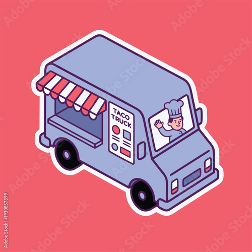 Cartoon Taco Truck with Chef Waving.