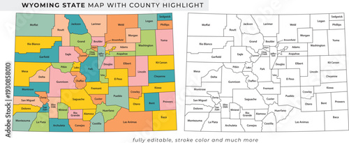Wyoming state map with county highlights and detailed geographical outline illustration