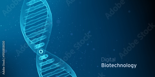 Abstract blue DNA molecule, double helix Technology illustration. Gene digital biotechnology futuristic concept. Biology genetic research backdrop.