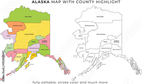 Alaska map with county highlight colorful illustration geographic regions travel and tourism