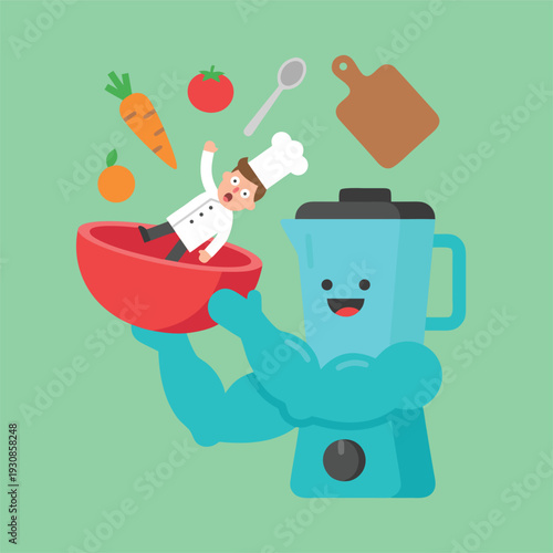 Chef falling into a bowl held by a blender.